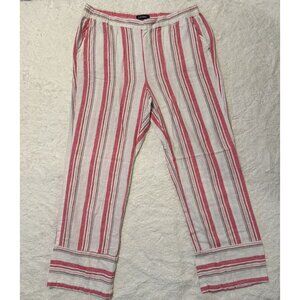 Ellen Tracy Linen Pants Women 14 Pink White Vacay Striped Wide-Leg Elastic Waist